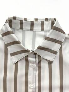 SHEIN LUNE Regular Plus Size Women's Wide Striped Coffee & White Stripe Print Blouse Fall Cloth For Women - Multicolor - View 3