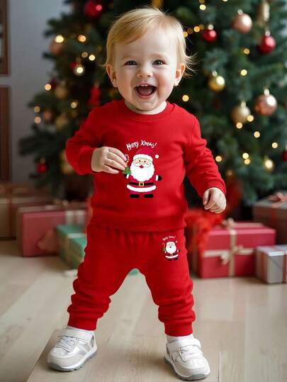 SHEIN Playful Pals 6M-3T 可爱圣诞圣诞老人服装长袖运动衫和松紧腰裤 2 件套，适合派对和洗礼，婴幼儿男童女童中性服装，柔软舒适，圣诞红色圆领长袖运动衫和配套慢跑裤 2 件套，婴幼儿服装，婴幼儿 2 件套，婴幼儿运动服，适合春季、秋季、冬季