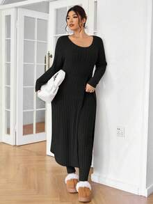 SHEIN Frenchy 大码纯色长袖上衣和裤子两件套 - 黑色 - 查看 7