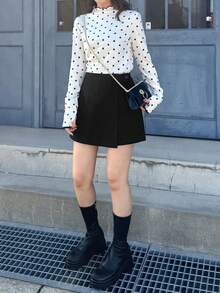 FRIFUL 女士灰色羊毛混纺迷你裙短裤，通勤风格，春夏款 - 黑色 - 查看 3