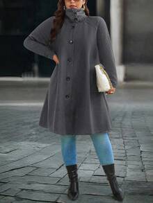 EMERY ROSE Áo khoác cổ cao chắp vá cỡ lớn cho nữ, ấm áp cho mùa thu/đông - Màu xám đen - Xem 5