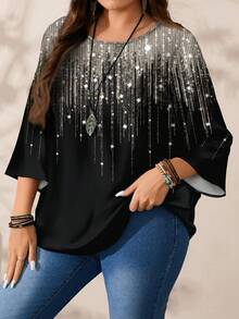 EMERY ROSE Plus Size Women's Casual Romantic Full-Print Christmas Atmosphere Silver Glitter Pattern Round Neck Loose 3/4 Sleeve Blouse, Black Shirt, Date Wear/Winter
