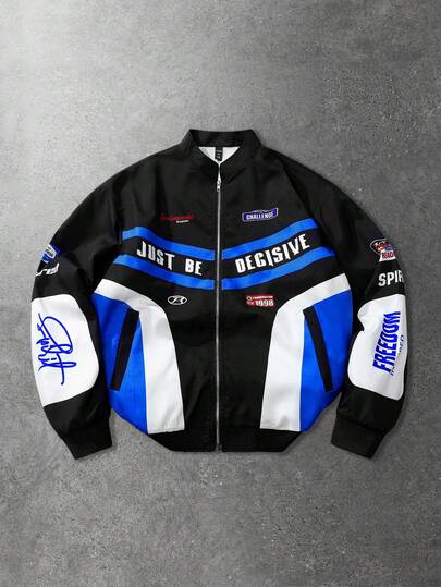 Unisex Rennfahrerjacke, Kontrast-Farbblock Abzeichen & Englisch Muster Motorradjacke, Herbst/Winter