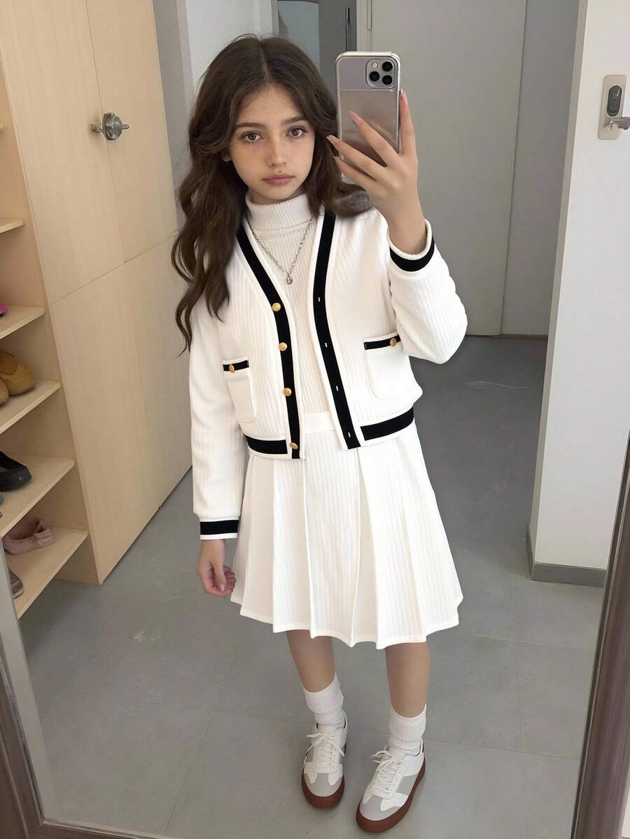 Elladie kids 两件套少女灰色长袖开衫和裙子套装 - 白色 - 查看 1