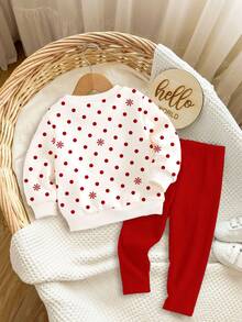 SHEIN Happikins Christmas Series, Cute & Playful Plush Applique Reindeer With Red Nose, Sweet Mini Polka Dot, Snowflake Print, Baby Girl Casual Soft Thick Crew Neck Long Sleeve Sweatshirt And Leggings Set, Suitable For Autumn/Winter Daily Wear And Christmas - Multicolor - View 2