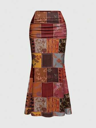 Fairycore Mysteriöser Hippie Hexen Botanik Blumen Allover-Muster geraffter Bodycon Meerjungfrau Rock