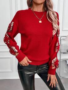 EMERY ROSE Áo len chui đầu cổ tròn đính nơ đính sequin ngày lễ tình nhân - Đỏ - Xem 4