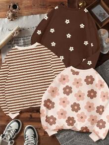 SHEIN Leap Crew Tween女孩 3件組休閒上衣，花卉、棕色條紋、米色，厚實柔軟可愛，開學季秋季服飾，寬鬆版型長袖冬季上衣 - 彩色 - 查看 2