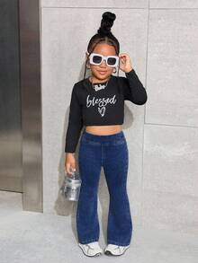 SHEIN 少女蓝色牛仔弹力紧身喇叭裤 - 深色水洗藍 - 查看 4