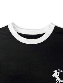 SHEIN 女款T恤/保罗图案印花/刺绣工艺/女士宽松休闲撞色圆领T恤上衣/春夏 - 彩色 - 查看 3