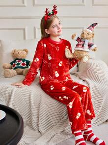 Conjunto de pijama de pantalón y top de manga larga con muñeco de nieve de peluche para niña preadolescente - Multicolor - Ver 1