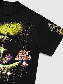 ROMWE MEN Street Life Loose Fit Short Graphic Print T-Shirt For Men - Black - View 3