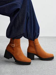 CUCCOO BIZCHIC Botas de tobillo de tacón alto grueso y versátiles de moda casual para mujer - Camel - Ver 5