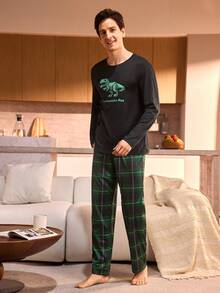 Manfinity Underwear&Sleepwear Basics Plus Size Men's Dinosaur Print Top And Plaid Pants Pajama Set - Green - View 3