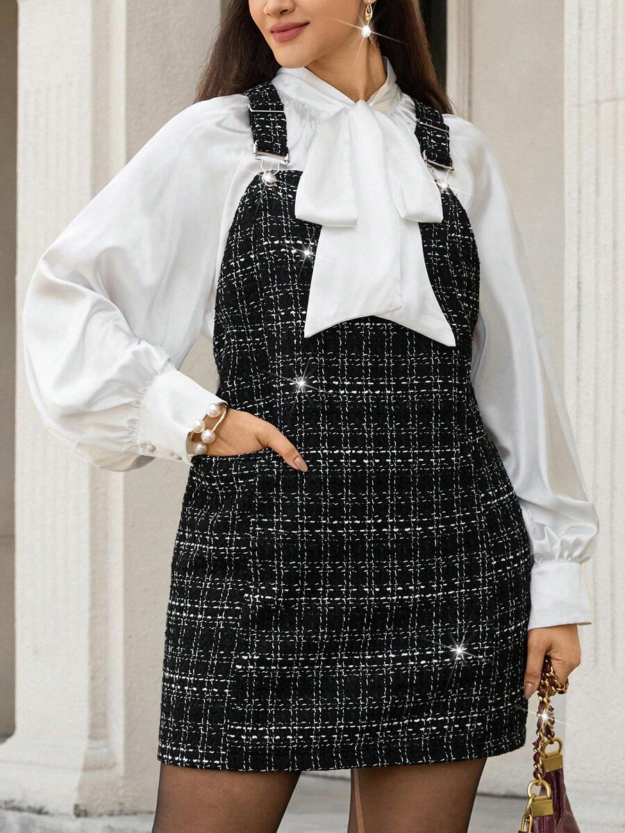 SHEIN LUNE 大码格子吊带中长连衣裙，通勤风格