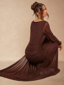 Silquee 棕色心形领口扭腰褶皱灯笼袖开衩连衣裙，适合情人节、圣诞节、约会之夜、派对、婚礼、鸡尾酒会等场合，优雅浪漫 - 咖啡棕 - 查看 6