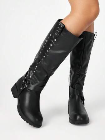 Grunge Punk Damen Mode Pendler Nieten Dekor Leder Kniehohe Stiefel