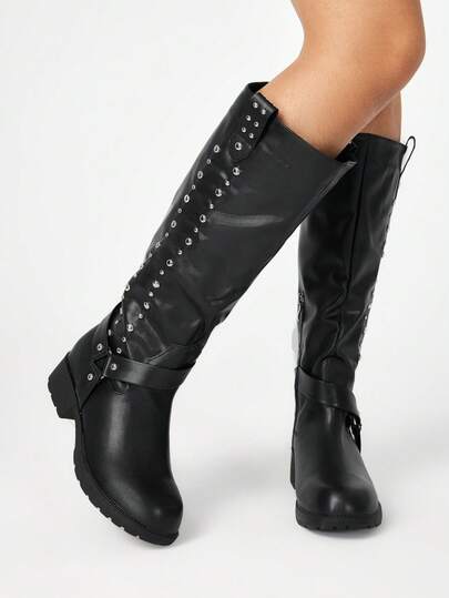 Grunge Punk Women's Fashion Commuter Studded Decor Leather Knee-High Boots