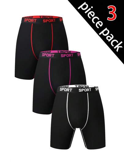 Velminro 3 ชิ้น กางเกงในบ็อกเซอร์ขาสั้นผู้ชาย แต่งเทปตัวอักษรตัดกัน เอวเย็บ รายละเอียด สวมใส่สบาย