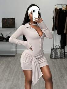 BamGleam Women's Casual Solid Color Pleated Mini Dress - Grey - View 5