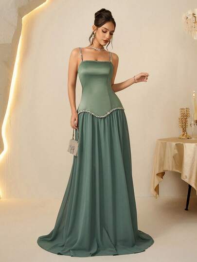 Coutiva Women's Elegant Rhinestone Decor Fabric Patchwork Formal Evening Gown Green Satin Dress Green Elegant Dress Green Gown Chain Strap Dress Formal Green Dress Women's Formal Evening Dress Gown (Heavy Embroidery) Women Rhinestone Embellished Sheer Black Long Evening Gown, Wedding Guest Dress, Elegant Evening Dress, Prom Dress, For Wedding Dress Waist And Chest Slimming, Party Dress, Formal Dress