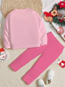 Merry Christmas Casual Cute Sweet Bow Christmas Tree Pattern, Cream Pink Christmas Red, Lady Ballet Style, Festive, Baby Girl Casual Soft Thick Crew Neck Long Sleeve Sweatshirt And Leggings Set, Suitable For Autumn/Winter Christmas Baby Girl Christmas Casual Pant Sets Christmas Outfit Baby Girl Christmas Outfit Baby Girl Long Sleeve Christmas Outfit - Multicolor - View 3