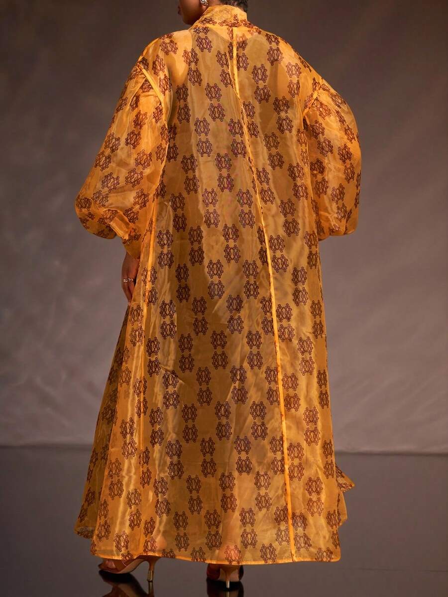 SHEIN CURVE+ 2025秋冬大码女式休闲百搭度假、邮轮、海滩、日光浴大码欧根纱印花薄纱长袖外套 - 彩色 - 查看 1