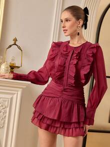 Aveloria EMERY ROSE Conjunto de 2 peças elegante estilo francês, composto por blusa leve de chiffon franzido e minissaia plissada. - Borgonha - Ver 7
