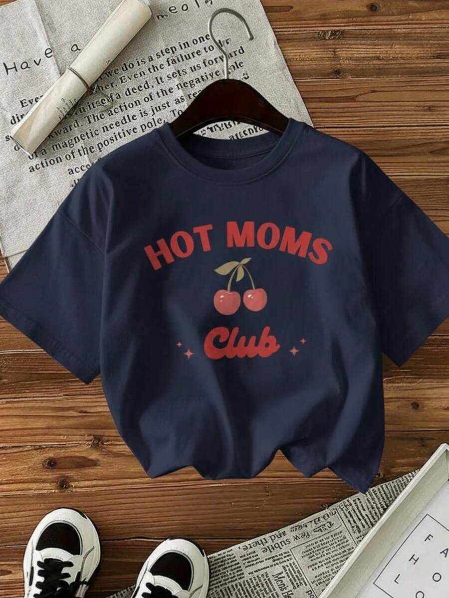 Camiseta femenina casual estilo universitario gráfico letras número oversize cuello redondo manga corta primavera verano uso diario - Azul - Ver 1
