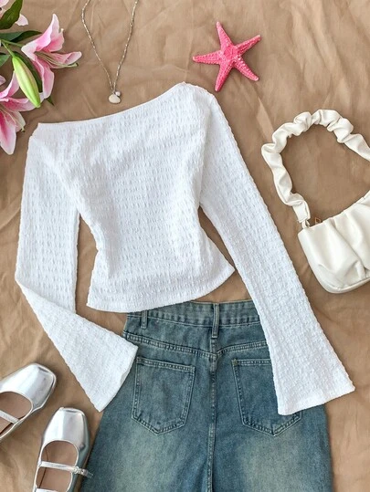 Teen Girl Solid Color Jacquard Off Shoulder Flare Sleeve Cropped Fitted T-Shirt White Crop Top White Top For Tweens Cute White Tops Square Neck Top White Long Sleeve Top