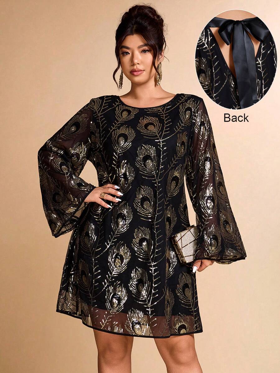 Cravure Plus Size Women's Sequin, Feather & Bowknot Decor A-Line Mini Dress, Suitable For Dates, Parties, Gatherings - Multicolor - View 1