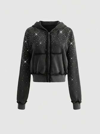 Grunge Punk Felpa corta con cappuccio Y2K Kpop, lavata e consumata, con strass