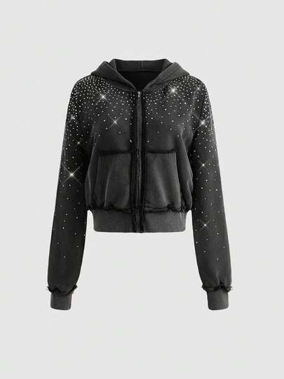 Grunge Punk هودي قصير مغسول مزين بالراين ستون بطراز Y2K كي-بوب