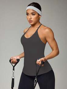 Seamluxe SHEIN Sport Áo ba lỗ thể thao hở lưng cổ yếm màu trơn đơn giản dành cho nữ, mùa hè - Xám - Xem 4