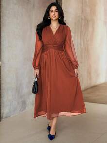 Roveilla Váy voan phong cách Trung Đông cổ điển thanh lịch cỡ lớn dành cho nữ, vải xếp ly, xẻ tà, eo xoắn, dáng chữ A, tay dài, thích hợp cho tiệc trà chiều, tiệc tùng, xuân/thu/đông - Rỉ Nâu - Xem 4