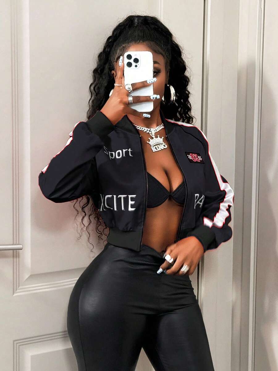 BamGleam 女士休闲街头风拉链短外套，冬季必备，黑色上衣，黑色 - 黑色 - 查看 1