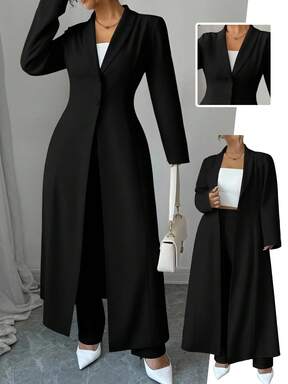 SHEIN Tall CURVE بدلة نسائية مقاس كبير من قطعتين من إلينزجا، تتكون من جاكيت طويلة بياقة زر وبنطلون، بلون أحادي