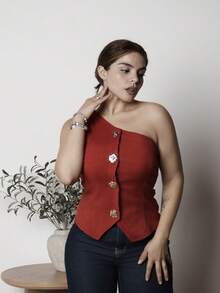 Lupita Cardoza Áo cánh nữ thời trang đa năng hình chữ S gợi cảm hở vai khóa kim loại trang trí, mùa xuân/hè - Màu Đỏ Sâu - Xem 4