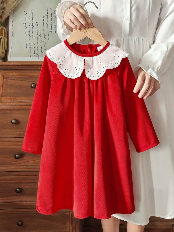 1pc Girls Comfortable Elegant Regular Thickness Velvet Fabric Round Neck Cute Collar Floral Long Sleeve Versatile Christmas Red Soft Dress, Suitable For Spring, Autumn, Winter, Holidays, Parties, And Everyday Wear