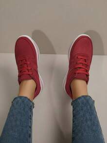 Zapatillas casuales para mujer, plataforma cómoda, punta redonda, cordones clásicos, estilo minimalista, uso diario, zapatos de moda - Rojo - Ver 3