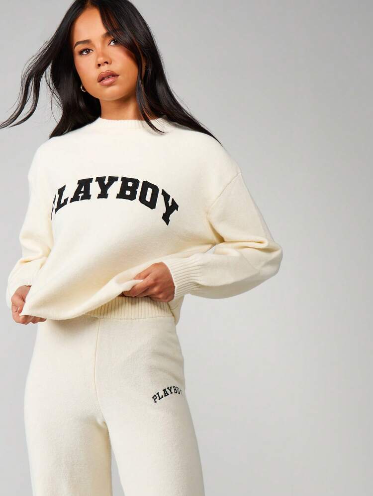 Missguided x Playboy Knitted Co Ord Set Long Sleeve Crew Neck Sweater Wide Leg Trouser Matching Outfit Casual Winter Loungewear