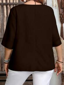 EMERY ROSE Áo sơ mi trơn màu cỡ lớn, đa năng, phù hợp cho mùa thu và mùa hè - Màu nâu Sô-cô-la - Xem 2