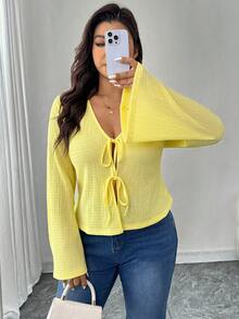 SHEIN LUNE Plus Size Women Casual Solid Color Long Sleeve Front Tie Blouse - Cream - View 5