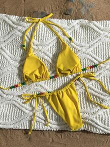 Swim Vcay 女士性感串珠露背系带比基尼套装，色彩缤纷的海滩度假风格 - 黃色 - 查看 11