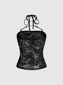 ROMWE Avant Y2K Subculture Fashion Musical Note Rivet Lace Sheer Sexy Blouse For Women - Black - View 2