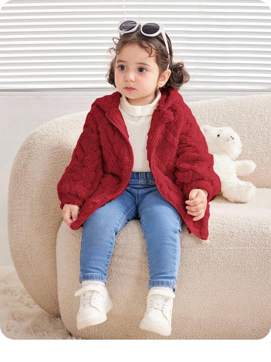 Babygirl Long Sleeve Textured Fuzzy Hooded Sweatshirt Jacket, Suitable For Outings, Parties And Other Occasions, Autumn/Winter - Red - View 1