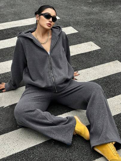 Dazy Plus 2pcs/Set Thermal Lined Hooded Sweatshirt Sweatshirt And Wide Leg Pants, Casual Sports Outfit For Plus Size Women, Autumn