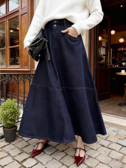 K-Vae Women's Autumn And Winter Dark Stream Blue Elegant Wide Skirt, Daily Commuting Skirt, Hepburn Style Skirt, Party Wear,New Year's Wear