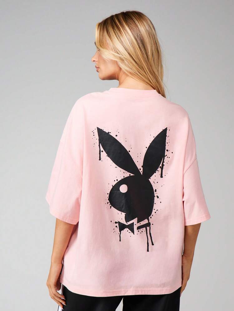 Missguided x Playboy Oversized Graphic Tee With Dripping Logo Print Short Sleeve Cotton T-Shirt