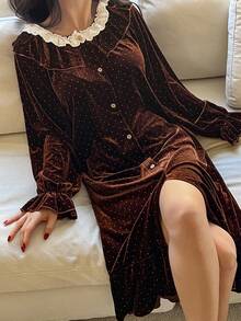 DAZY Women's Long Velvet Polka Dot Pattern Ruffle Hem Bathrobe, Winter - Coffee Brown - View 1